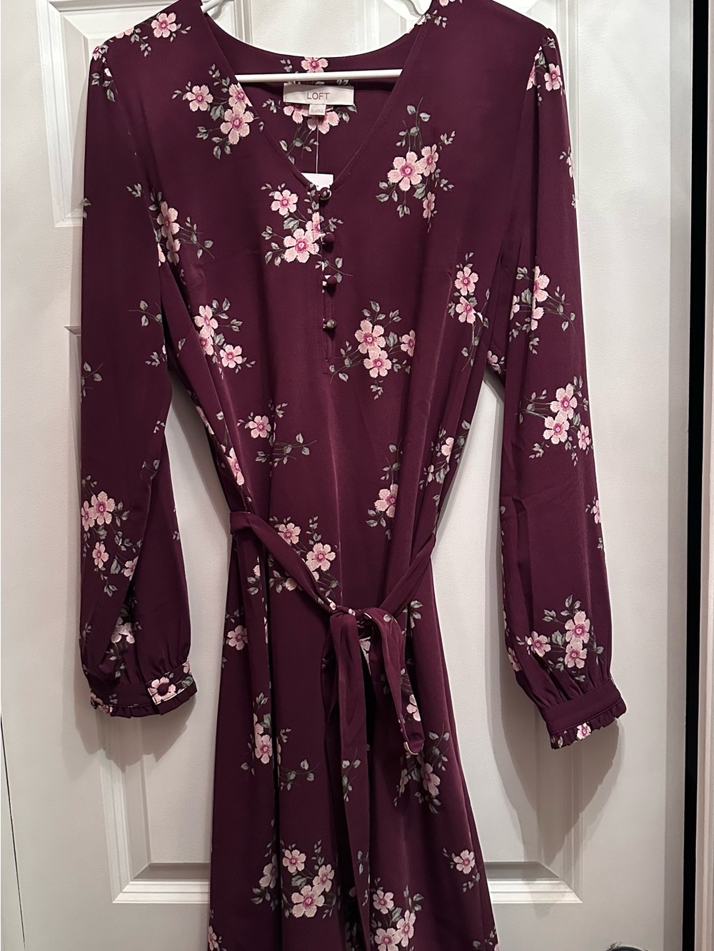 LOFT Burgundy Floral Long-Sleeve Belted Dress